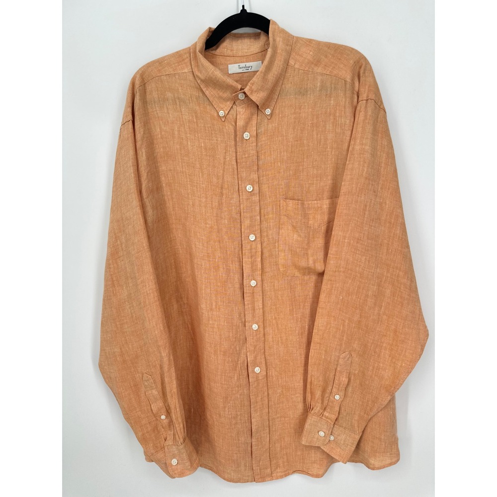 Turnbury Men's Large 100% Linen Shirt Burnt Orange Button Long Sleeve L 35 0416